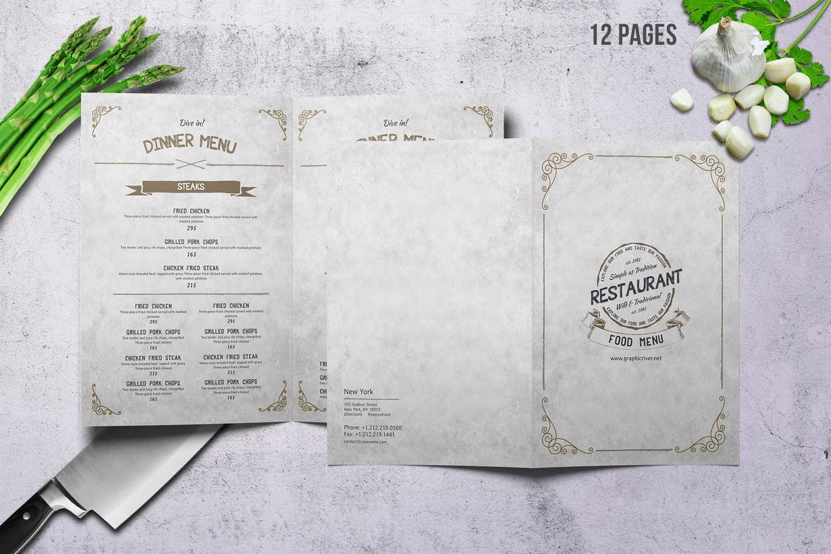 A4规格对折复古风格菜单食谱模板 A4 Bifold Vintage Wild Food Menu插图