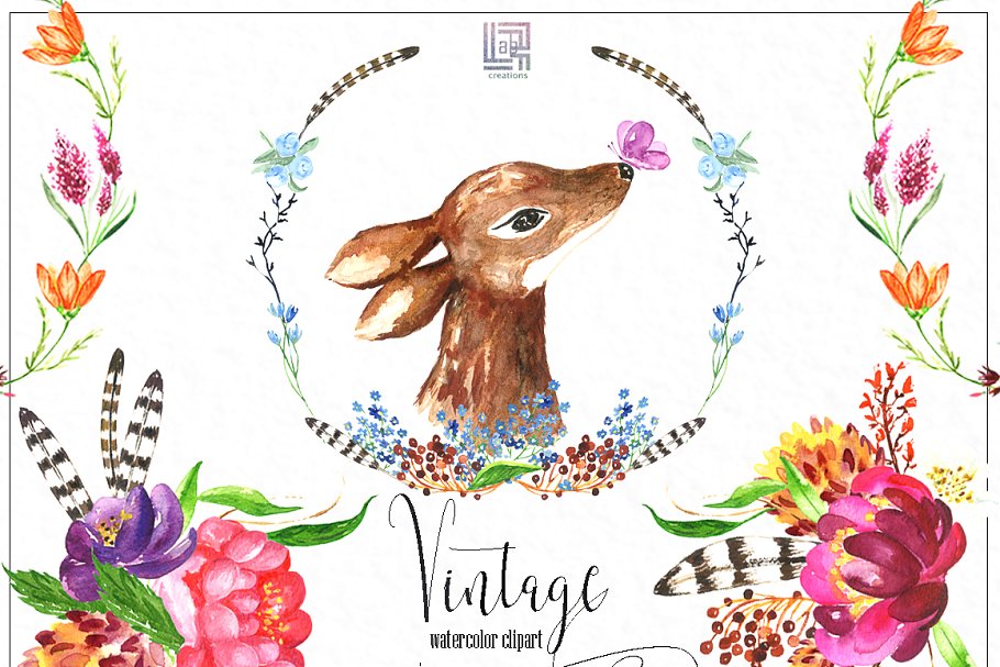 复古花卉和浆果水彩画插画 Vintage flowers & berry Watercolor插图