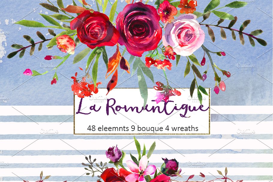 勃艮第红粉水彩花卉剪贴画 Burgundy Red Pink Flowers Clipart插图(5)