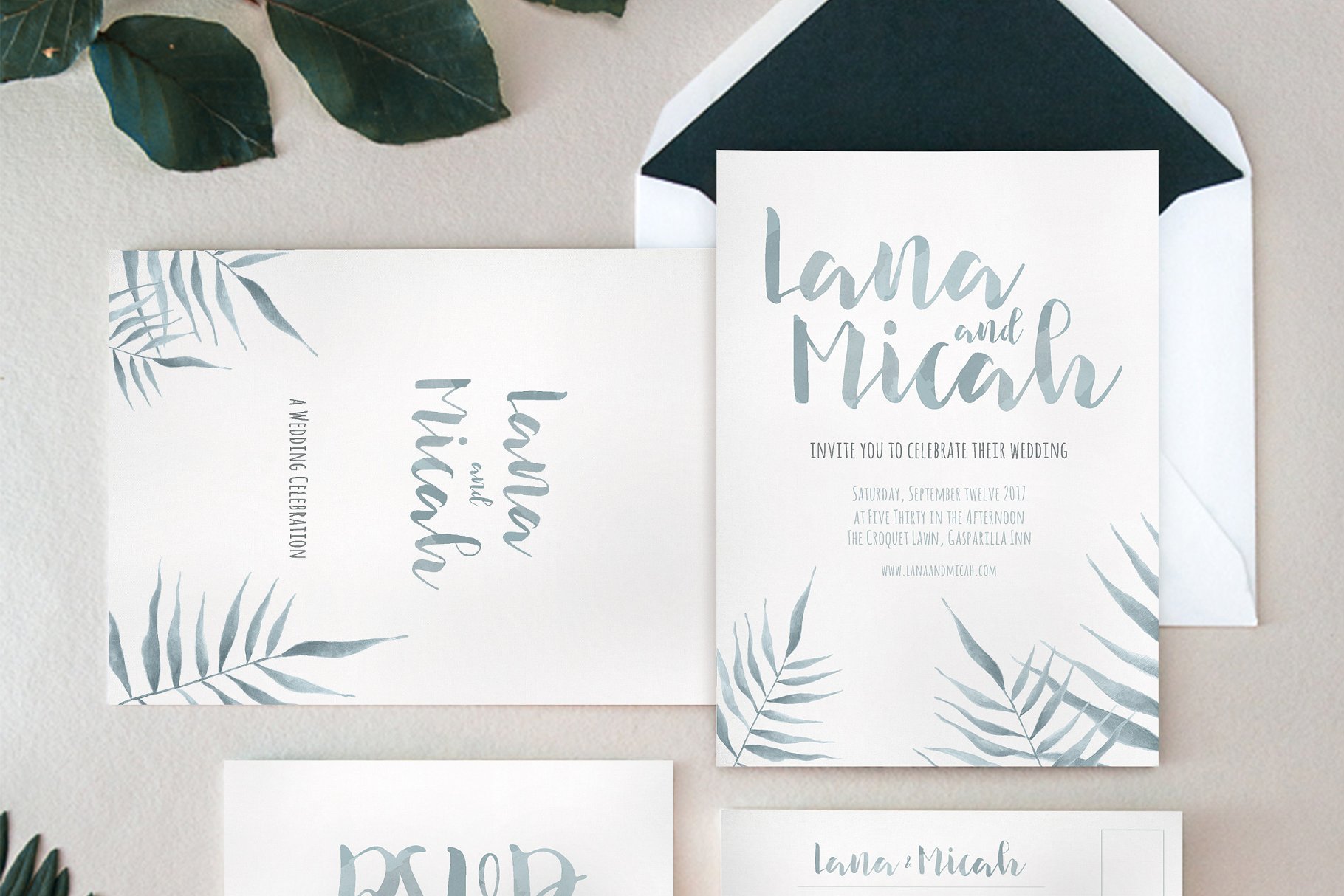 水彩树叶图案邀请卡模板 Watercolor Foliage Invitation Suite插图