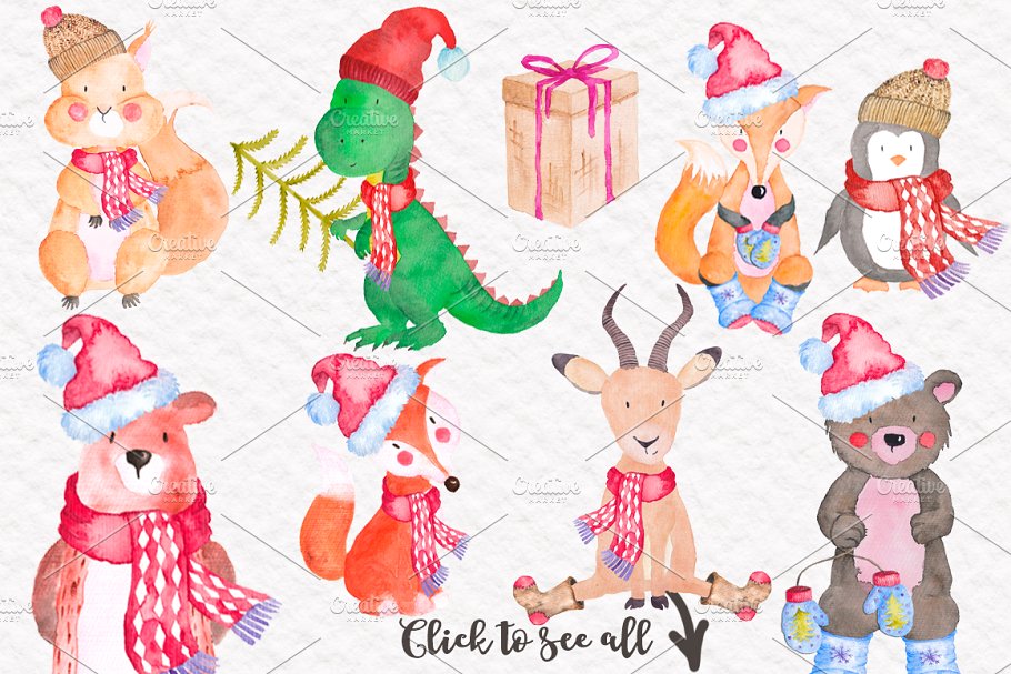 可爱冬日动物形象水彩图案 Cute Winter Animals Collection插图(1)