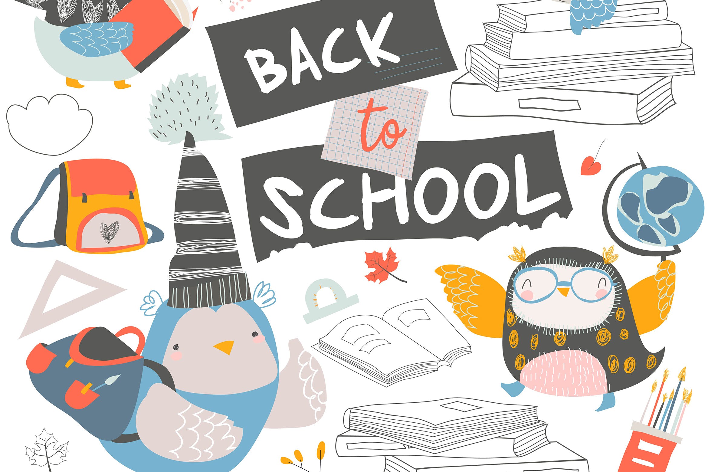 可爱卡通猫头鹰矢量手绘图案开学季设计素材 Set of cute owls with books. Back to school.插图