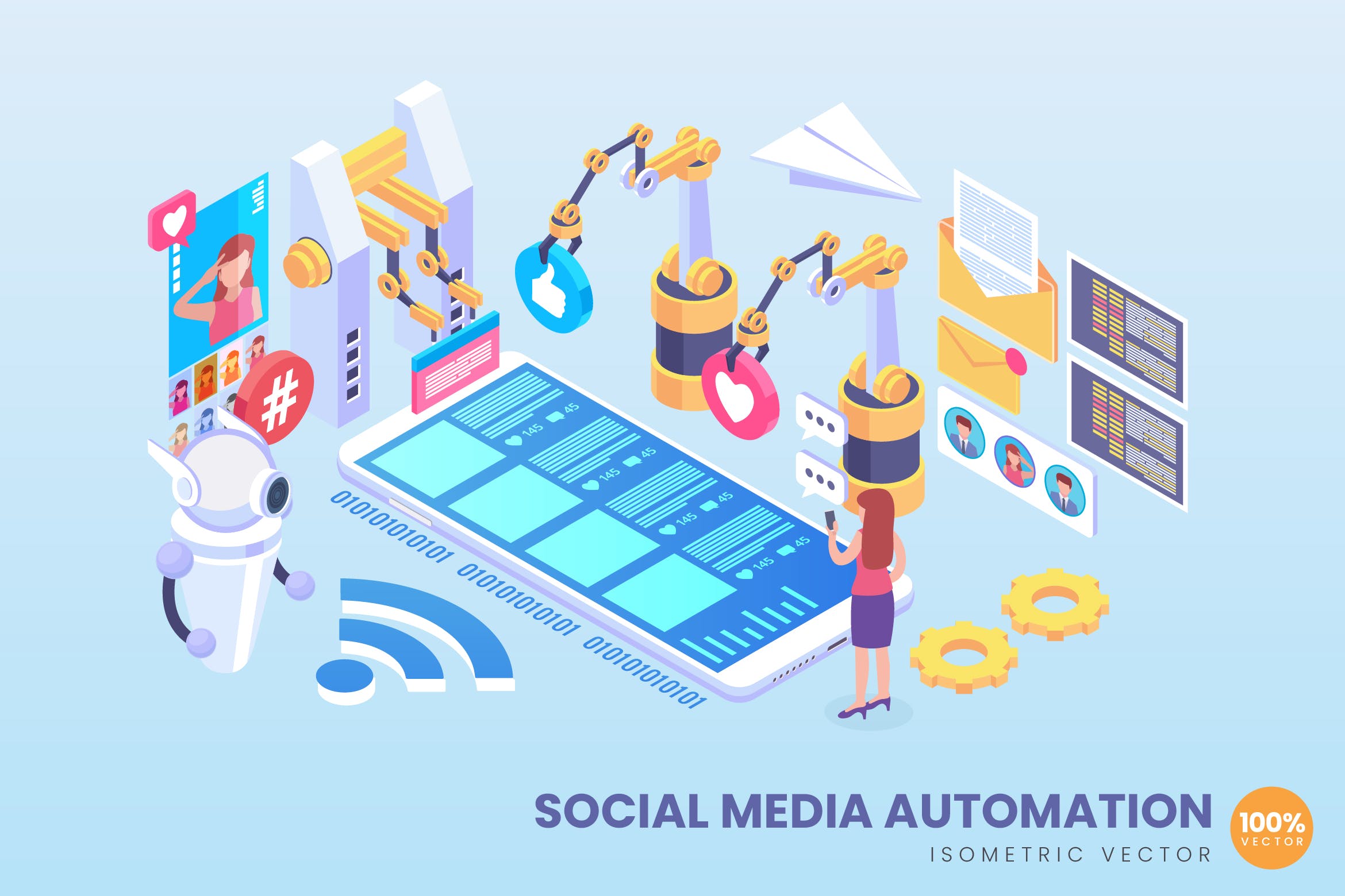 社交媒体自动化主题等距矢量素材库精选概念插画 Isometric Social Media Automation Vector Concept插图