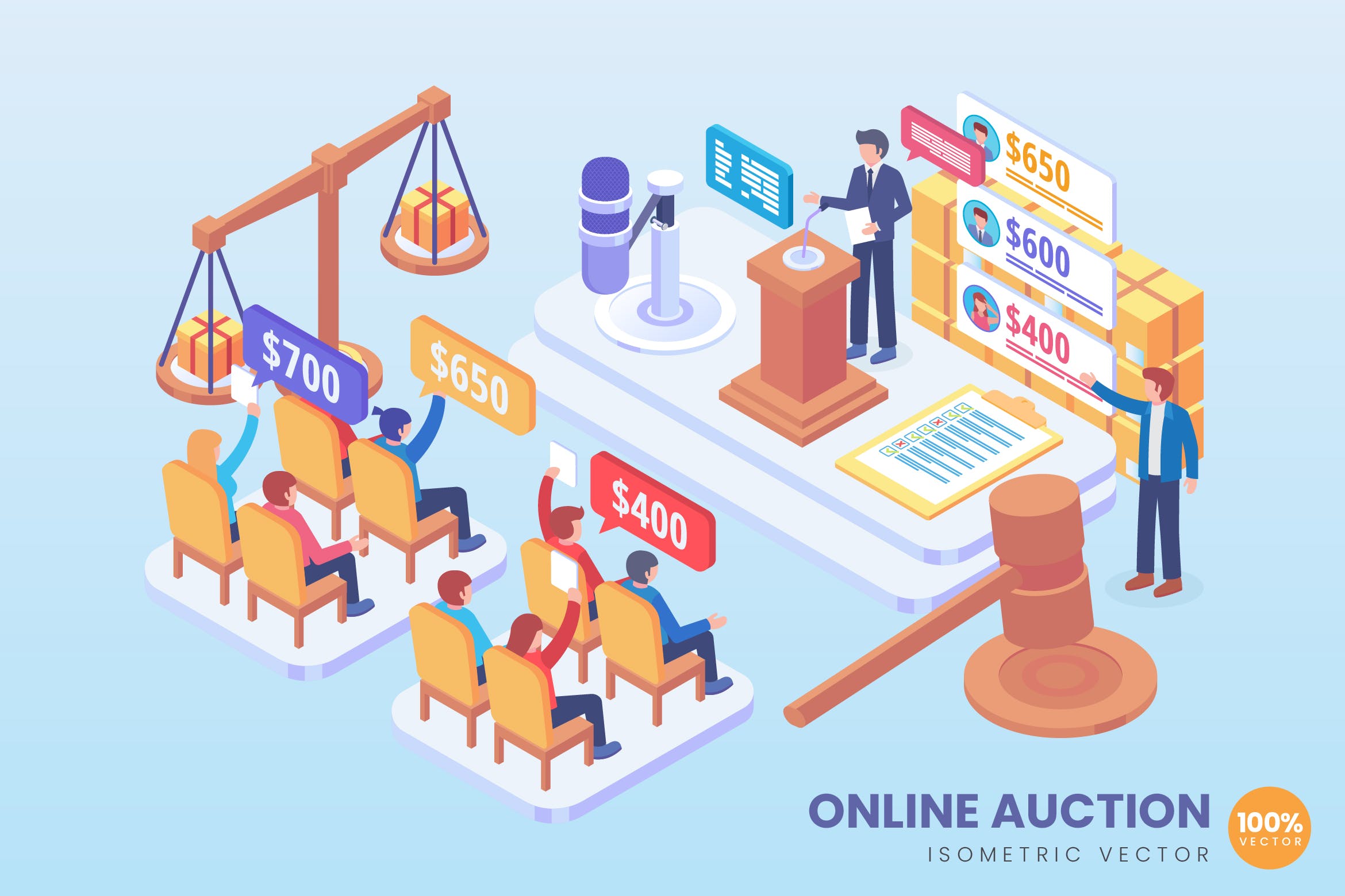在线拍卖主题等距矢量素材库精选概念插画 Isometric Online Auction Vector Concept插图