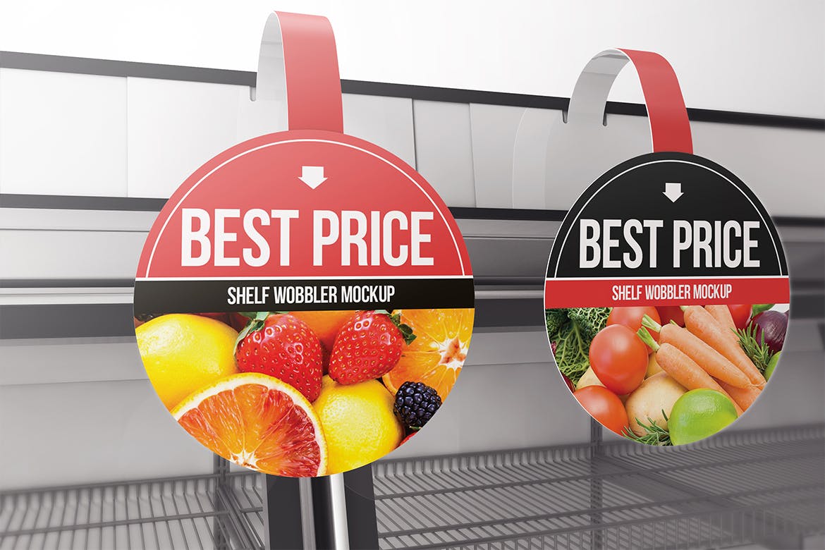超市货架圆形品牌/促销广告牌样机素材库精选模板 Circle Shelf Wobbler Mockup插图(2)