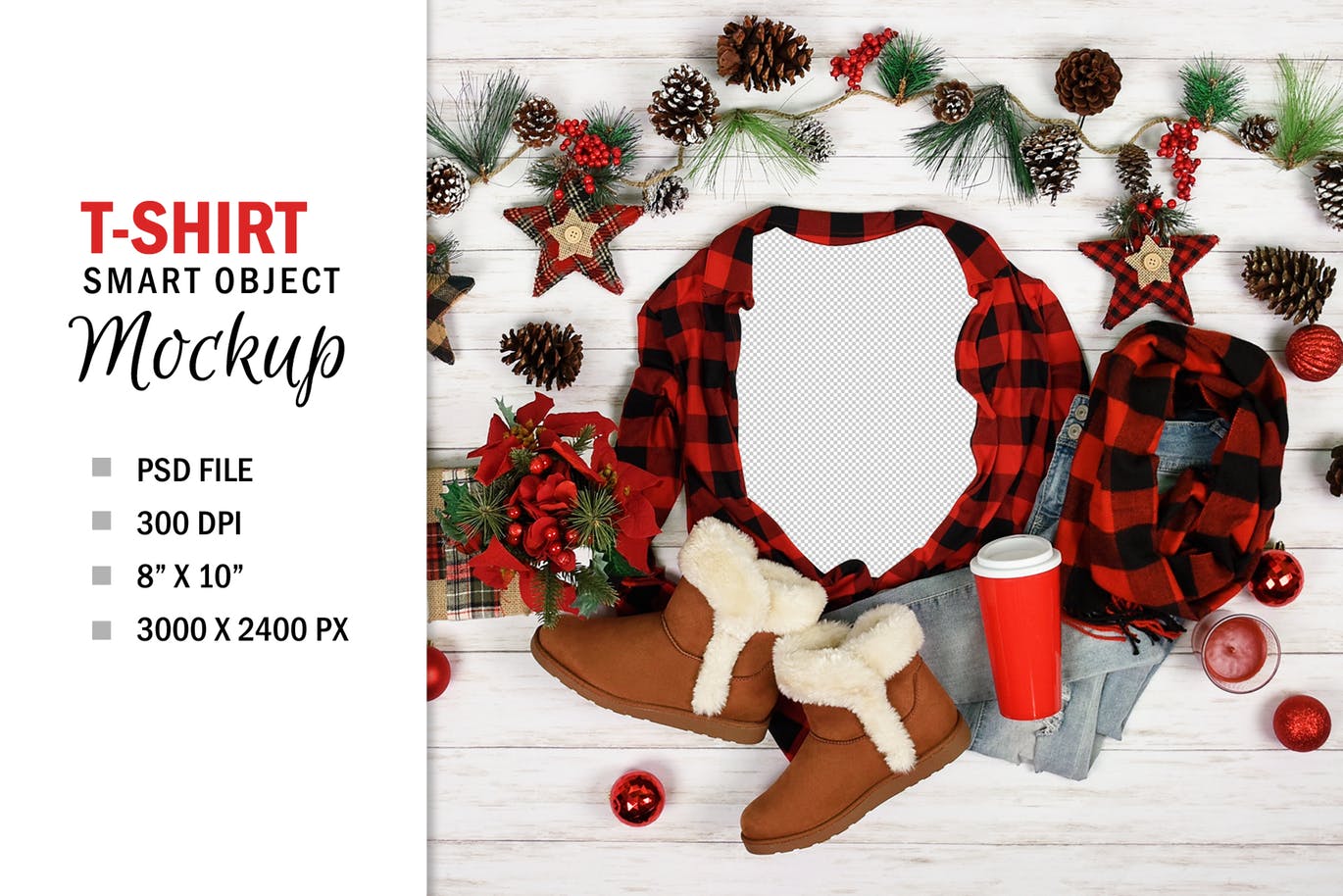 圣诞节T恤平铺展示样机模板 Christmas T-Shirt Mockup Flatlay Photoshop PSD插图(1)