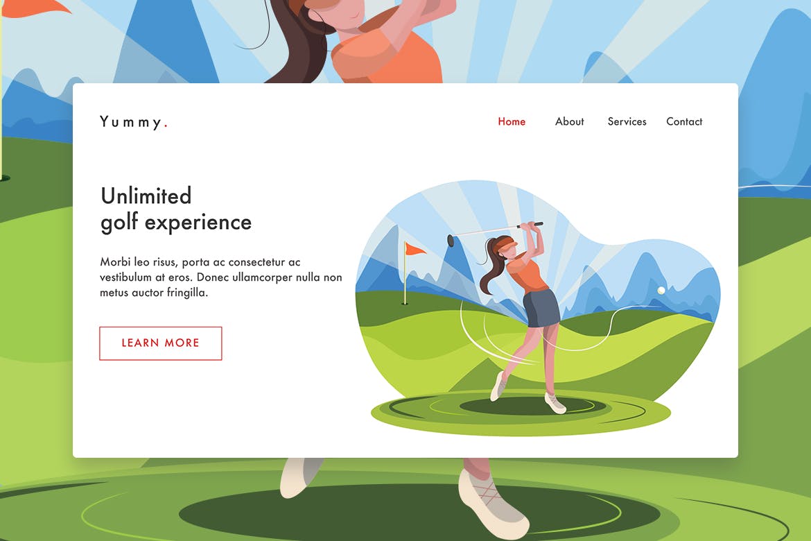 高尔夫运动员手绘插画网站着陆页设计模板 Playing Golf on the Field web template for Landing插图(1)
