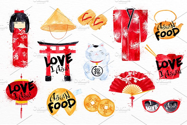 中国水彩传统符号 Asia Set插图(1)