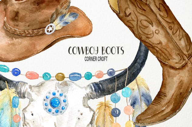 西部牛仔文化靴子&配件水彩插画合集 Watercolor Cowboy Boots And Accessory collection插图(6)