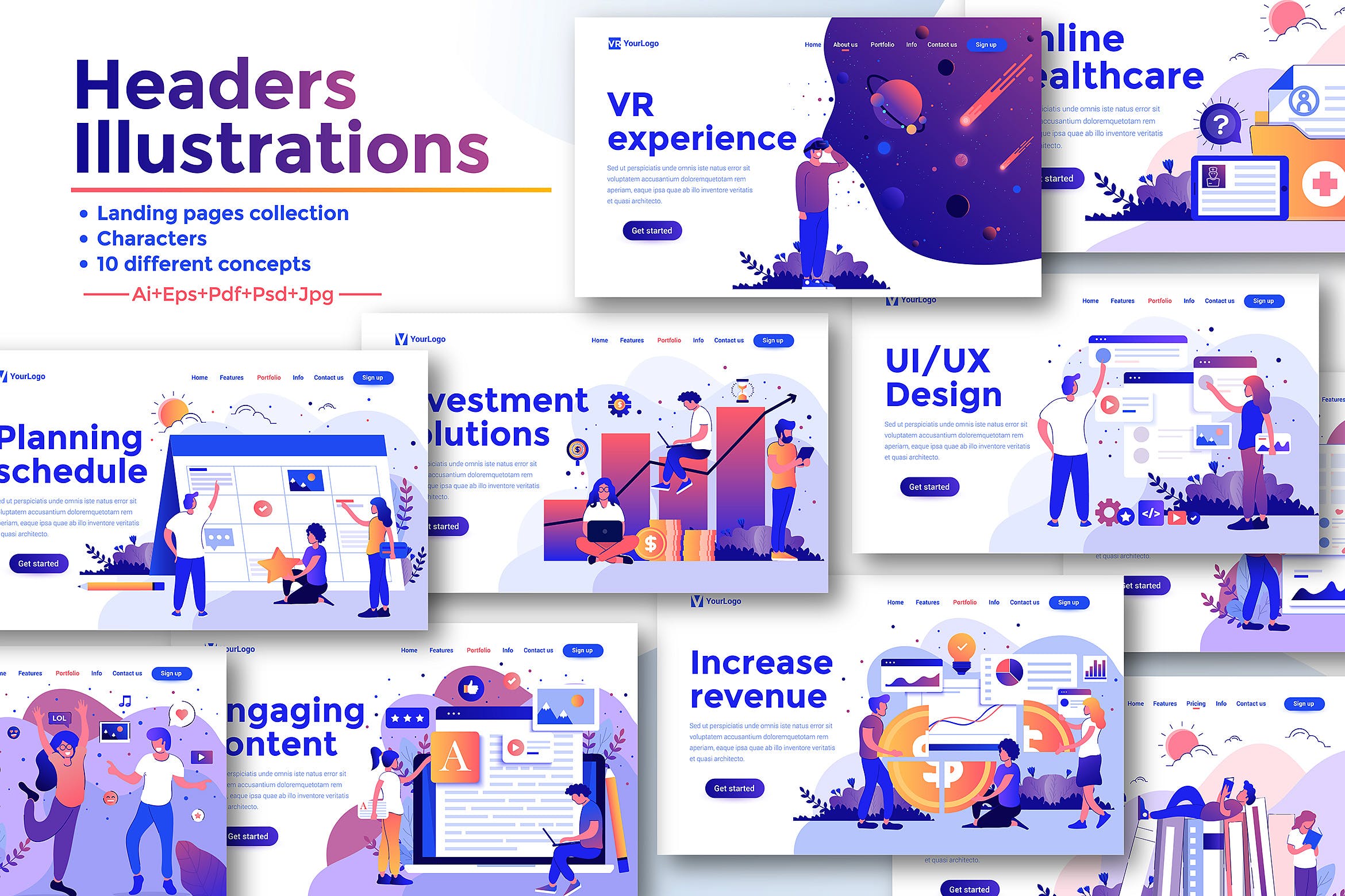 现代扁平化设计风格网站&APP设计素材库精选概念插画合集 Landing page templates kit插图