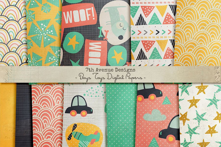 俏皮卡通儿童主题数码纸张纹理 Boys Toys Digital Papers插图(1)