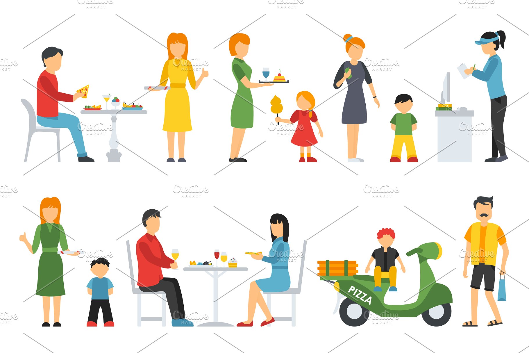 各式职业人员吃披萨形象扁平化设计矢量插画 Pizzeria – flat people set插图(18)