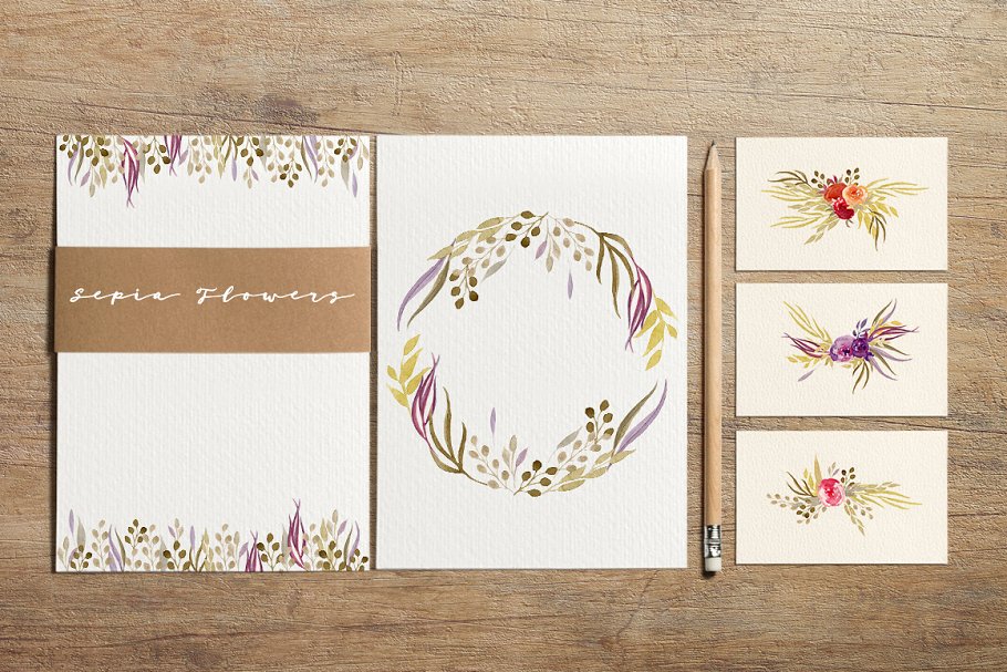 手工彩绘乌贼花剪贴画素材  Sepia Flowers插图(1)