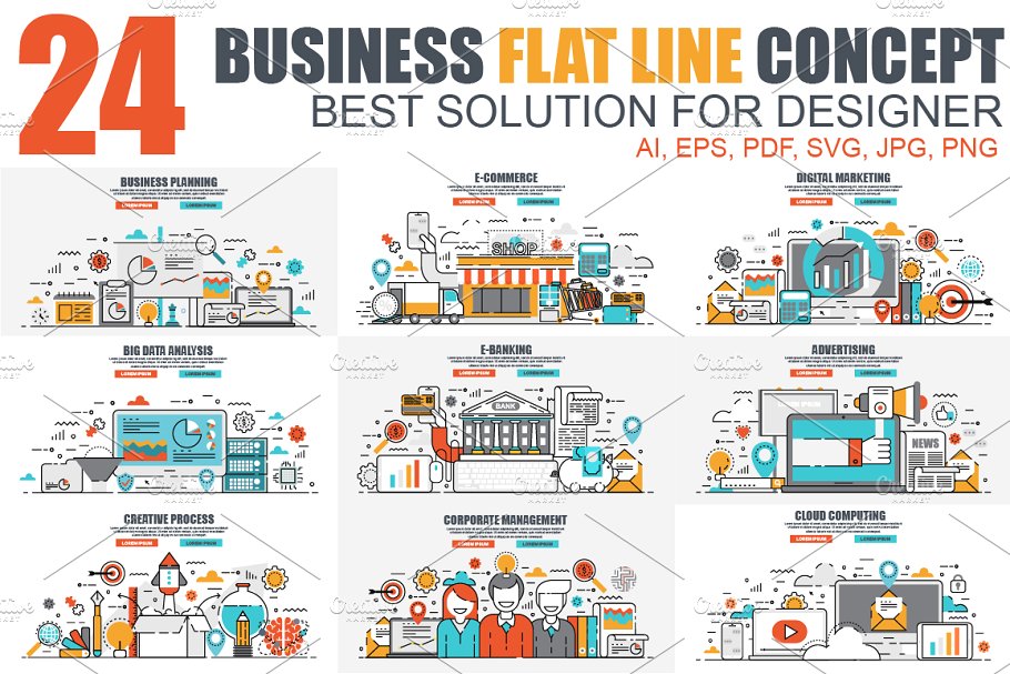 电子商务扁平概念矢量设计模板 Flat Line Color Concepts插图