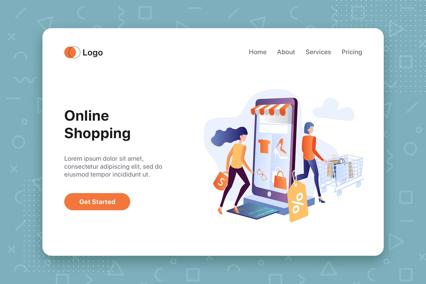 网上购物主题网站首页设计概念插画 Online Shopping flat concept for Landing page插图