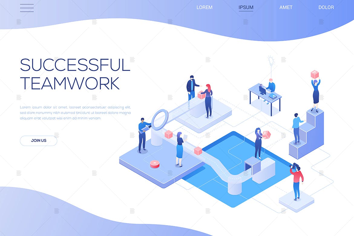 团队合作场景网站Banner设计等距素材库精选概念插画素材 Successful teamwork – isometric web banner插图(1)