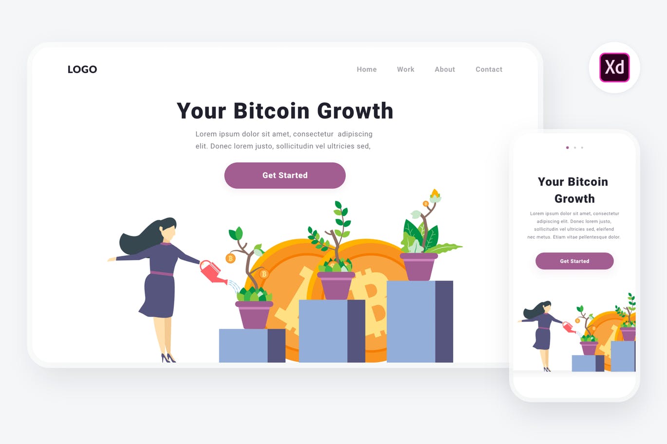 比特币增长场景APP&Web设计矢量插画[XD&SVG] Bitcoin growth illustration (Adobe XD & SVG)插图