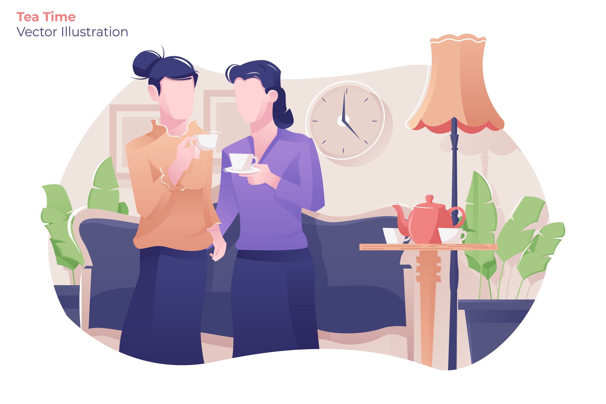 品茶时光茶文化主题矢量插画设计素材 Tea Time – Vector Illustration插图