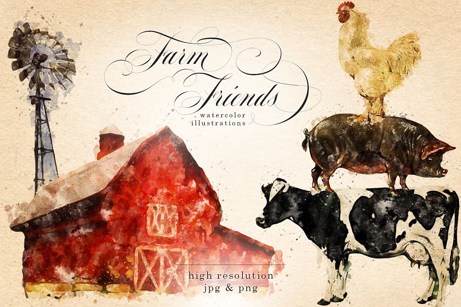 农场主题元素水彩剪贴画 Farm Friends Watercolor Graphics插图