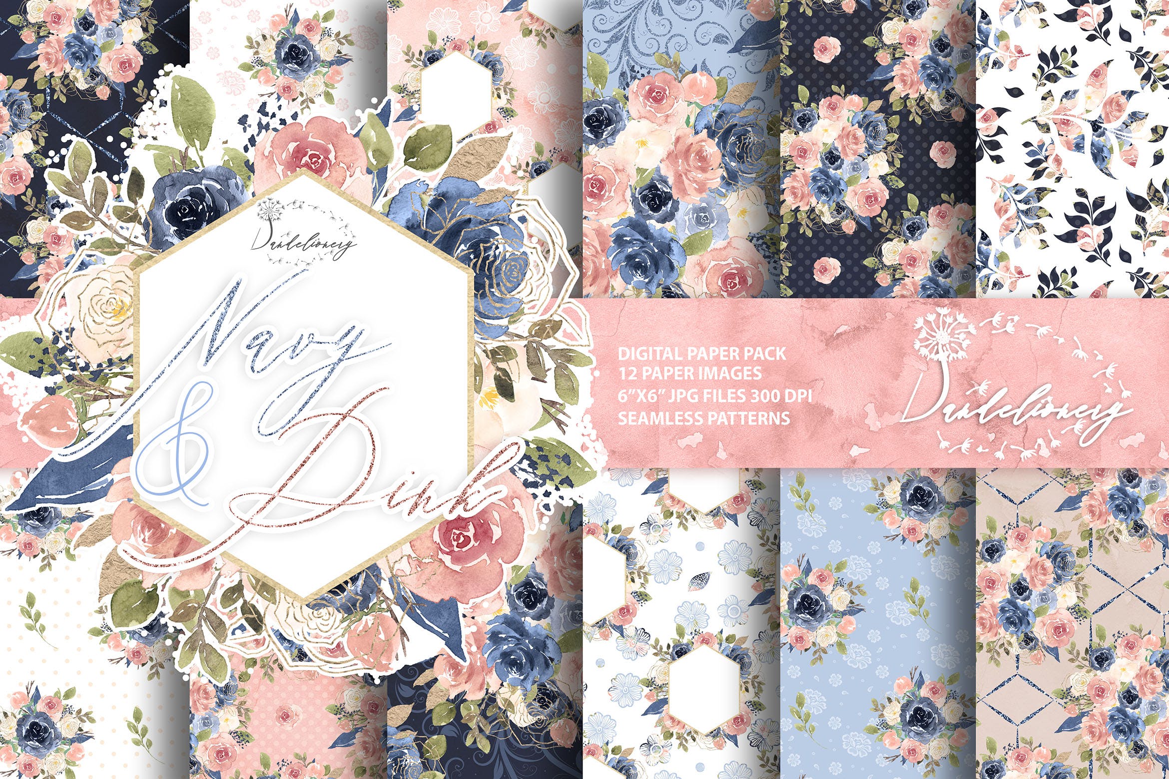海军蓝和粉色水彩数码纸张设计素材 Watercolor Navy and Pink digital paper pack插图
