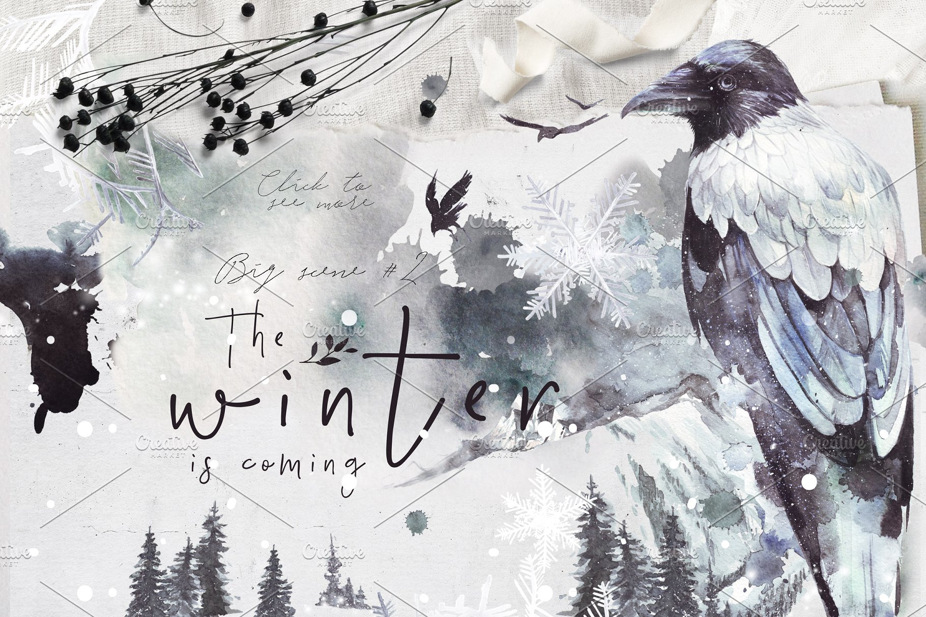 乌鸦、鸟、冬季风景、场景、水彩造型&字体 [2.81GB, 格式PNG, PSD,JPG &HTML] Ravens & birds vol.1插图(9)