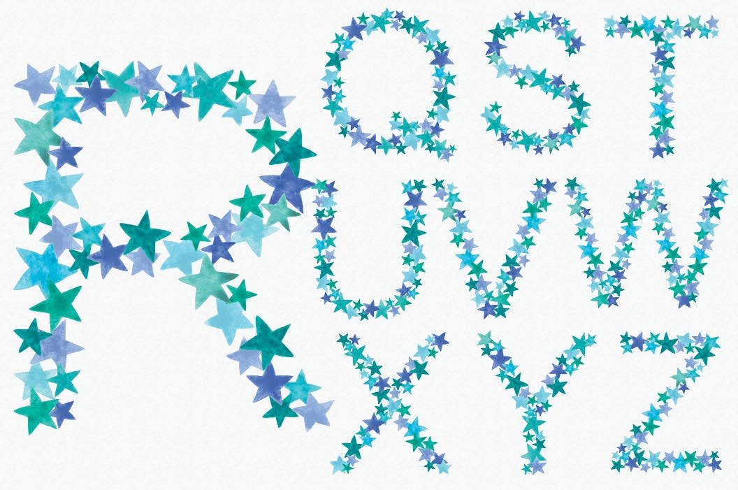 绿蓝配色26个星星字母剪贴画PNG设计素材 Greeny Blue Star Alphabet插图(3)