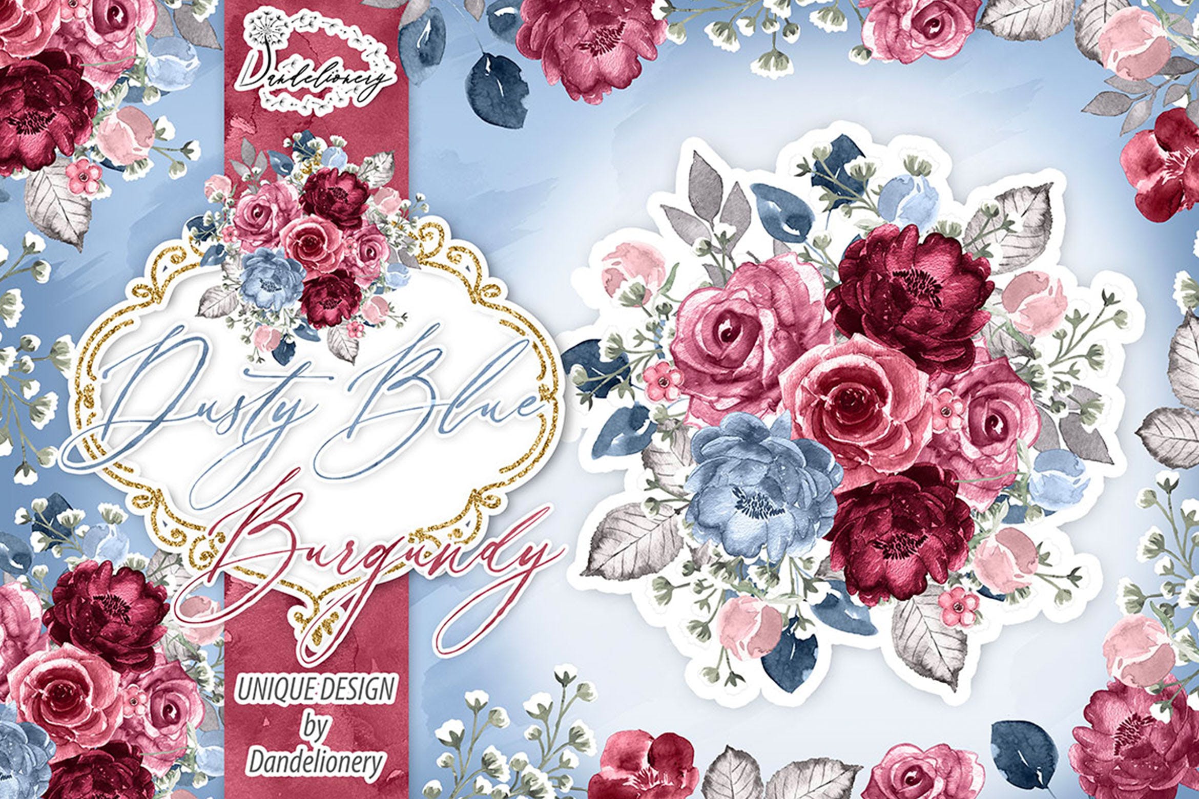 勃艮第红&蓝色水彩手绘花卉PNG素材 Watercolor Dusty Blue and Burgundy design插图