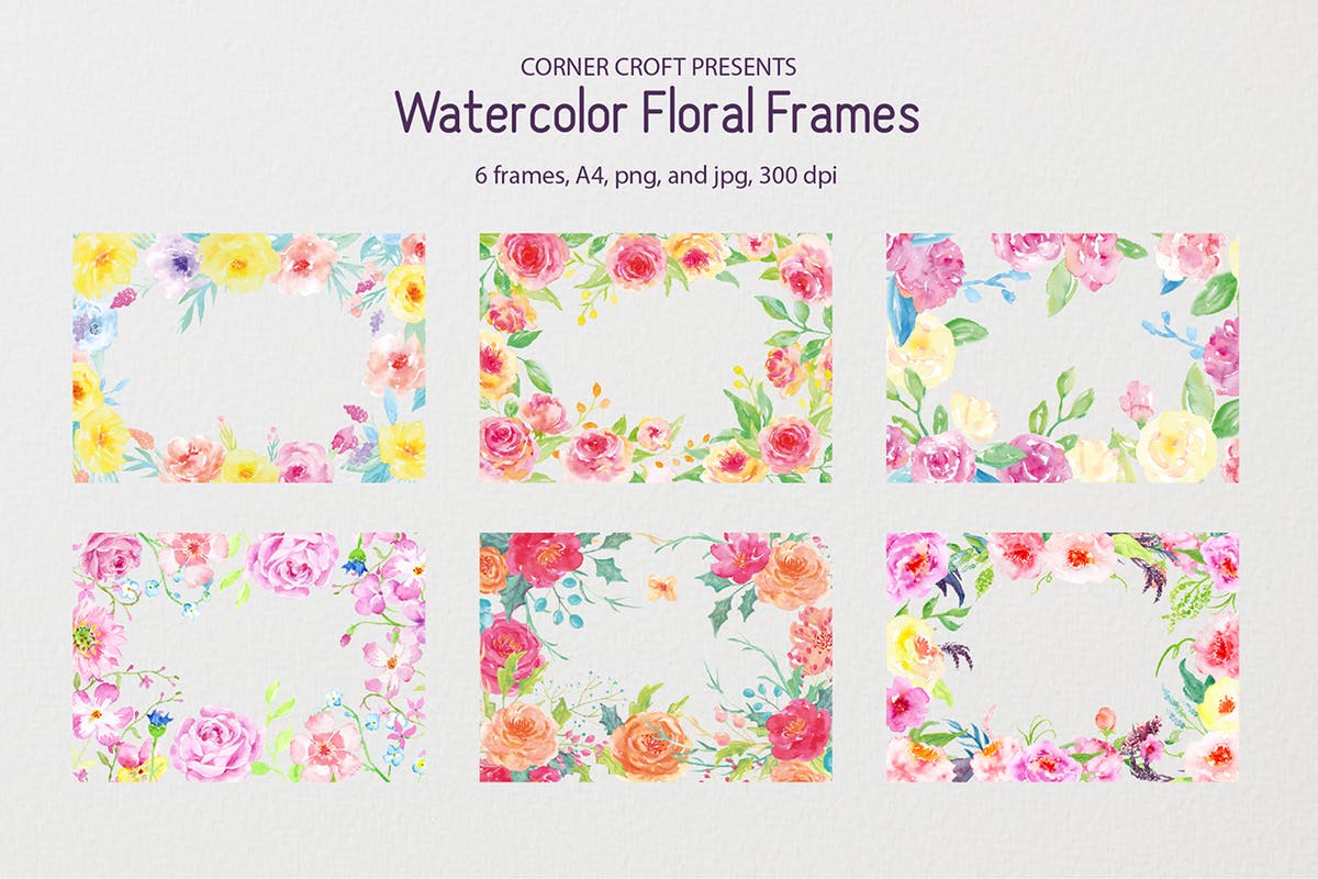 黄色&粉红色水彩花卉框架套装 Watercolor floral frame yellow and pink插图