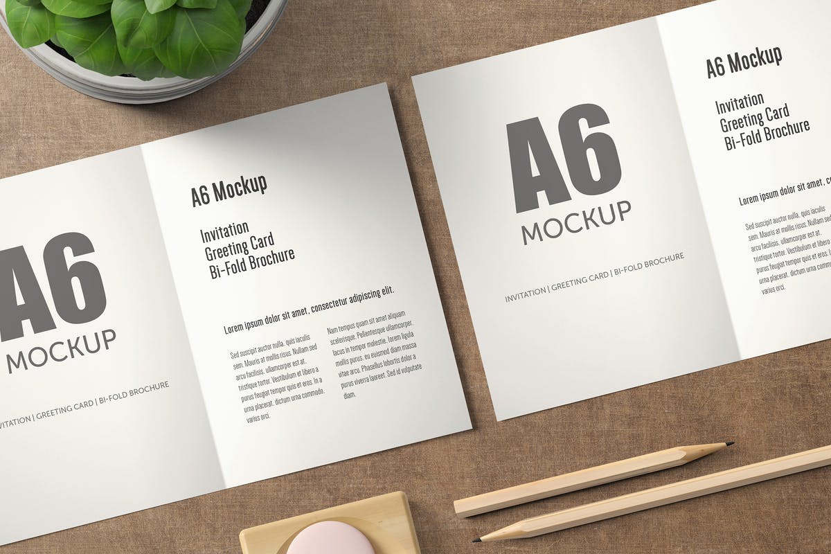 A6纵向双折页贺卡印刷品样机 A6 Portrait Bi-Fold Greeting Card Mock-up插图