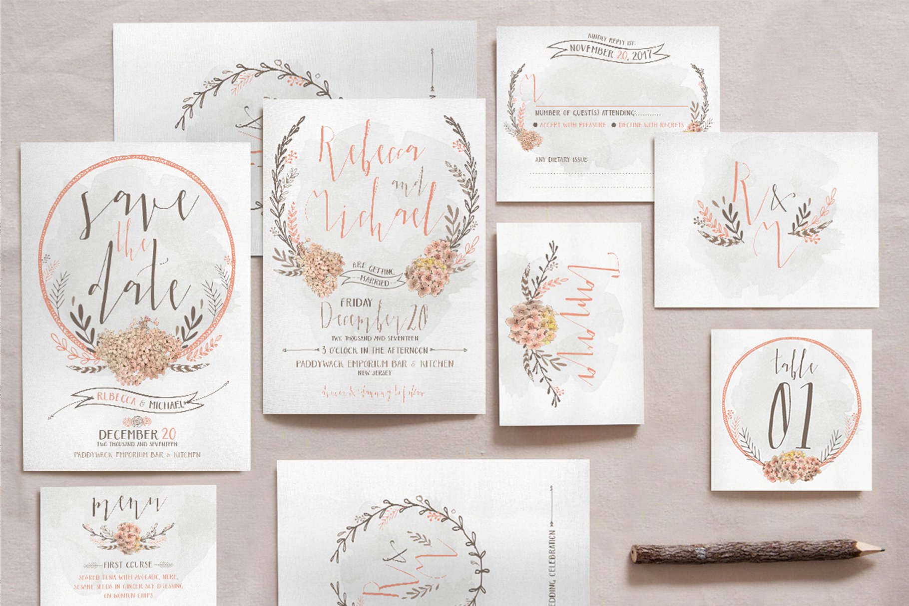 水彩花环花卉婚礼邀请物料模板 Wreath & Flower Wedding Suite插图