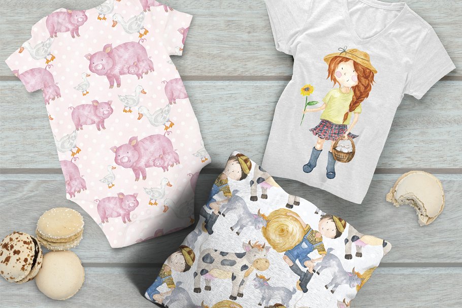 手绘水彩农场卡通小孩无缝插图 Farm Animals & Kids Collection插图(4)