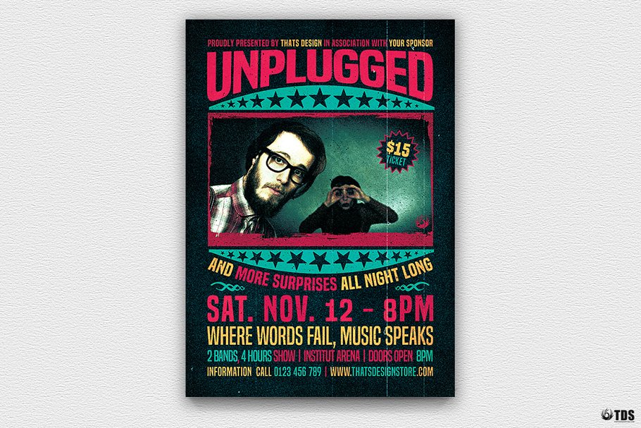 小众音乐派对活动传单PSD模板 Concert Unplugged Flyer PSD插图(1)