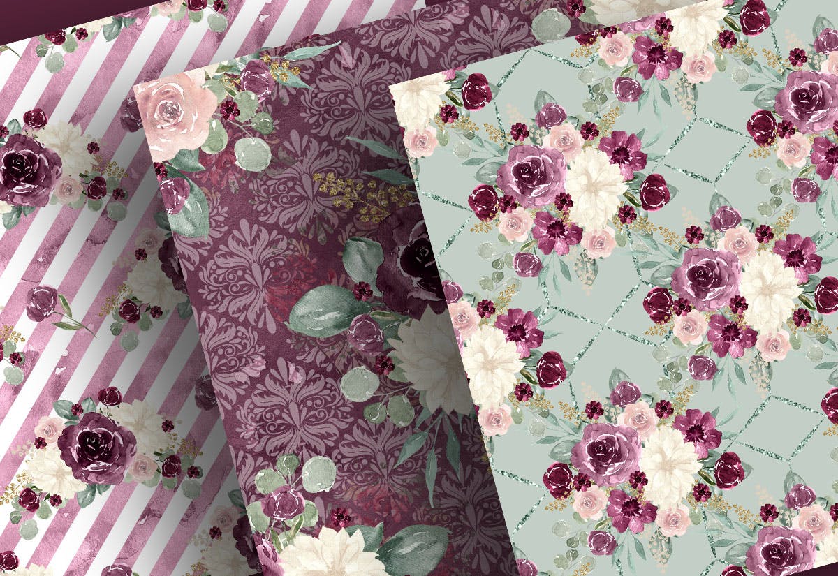 紫红色&金色水彩手绘花卉图案数码纸张设计素材 Watercolor Plum and Gold digital paper pack插图(1)