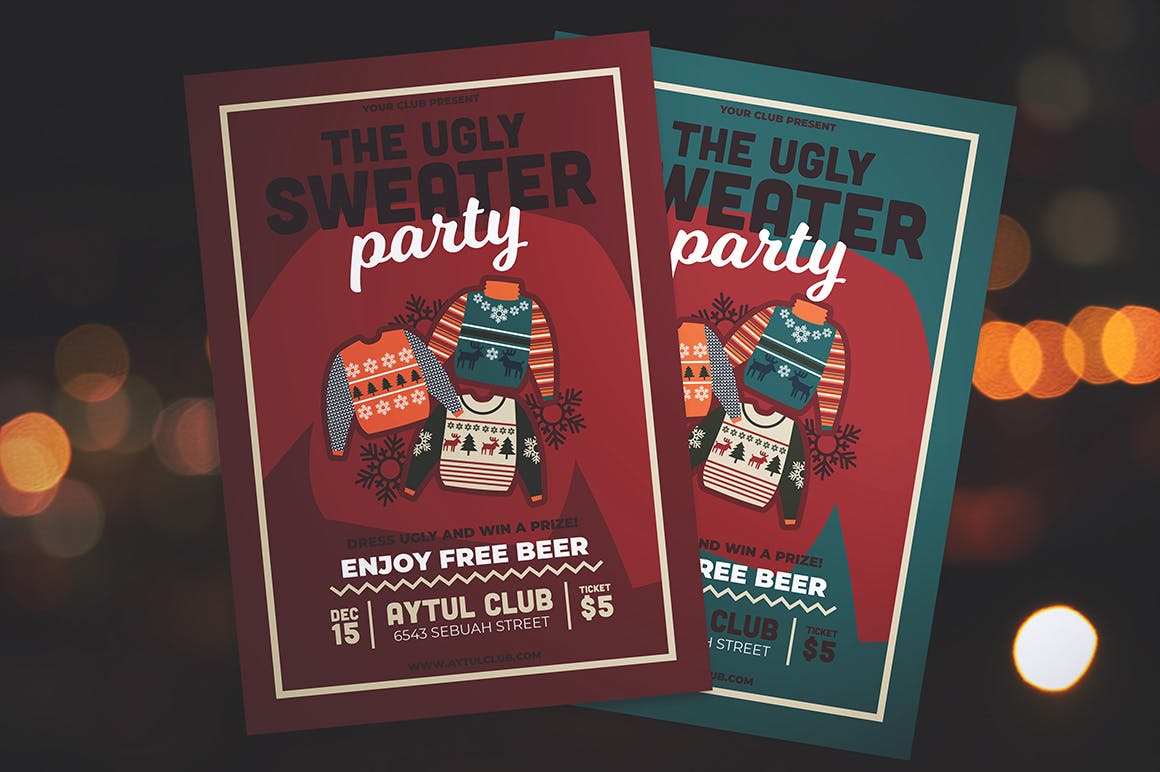 冬天冬季毛衣派对party新年圣诞节宣传单DM海报设计模板插图(2)