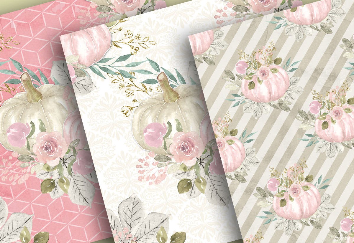 花卉&南瓜水彩手绘图案纸张设计素材 Floral pumpkin digital paper pack插图(3)