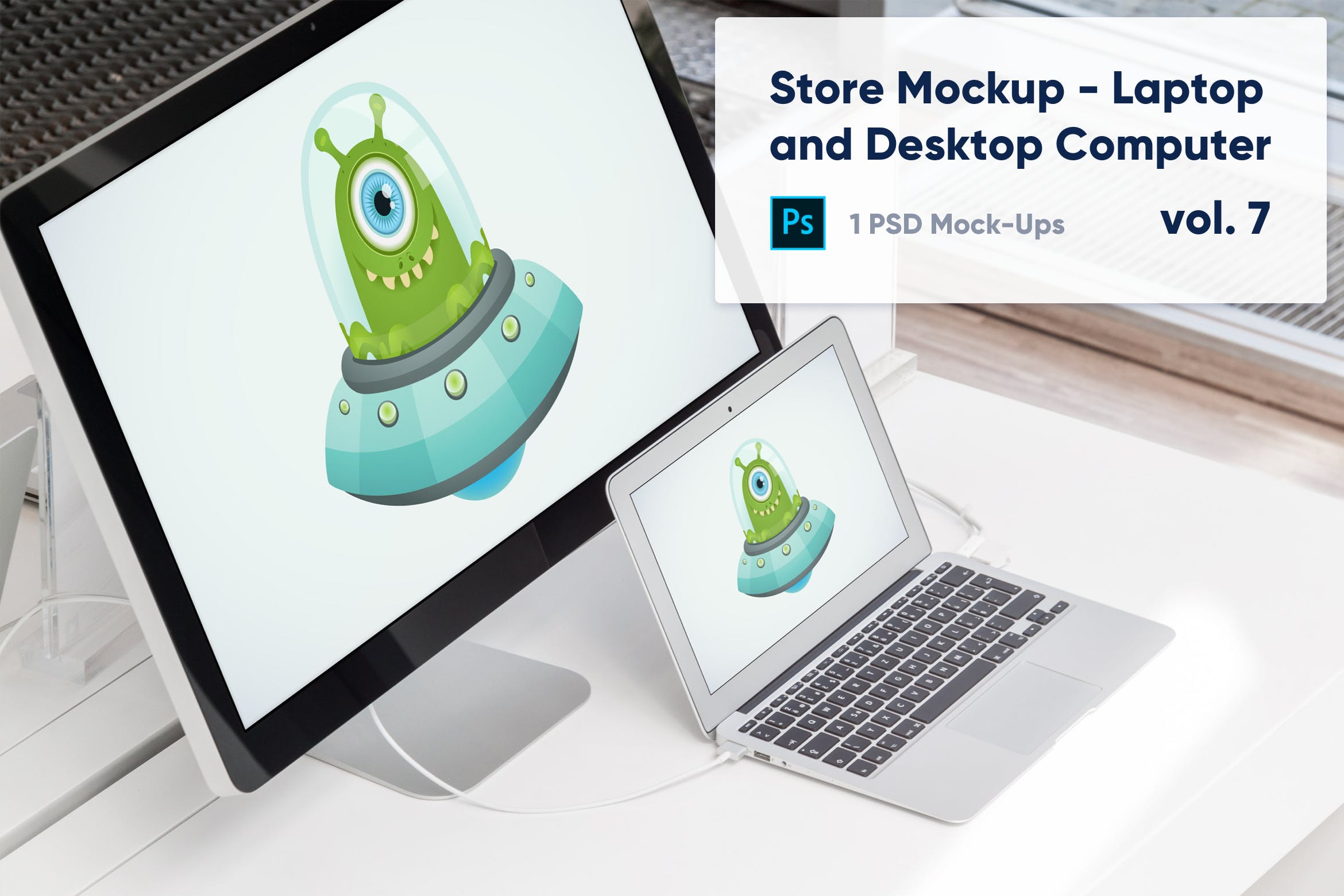 零售店展柜笔记本&一体机电脑屏幕预览素材库精选样机v7 Laptop and Desktop Computer Mockup in the Store插图
