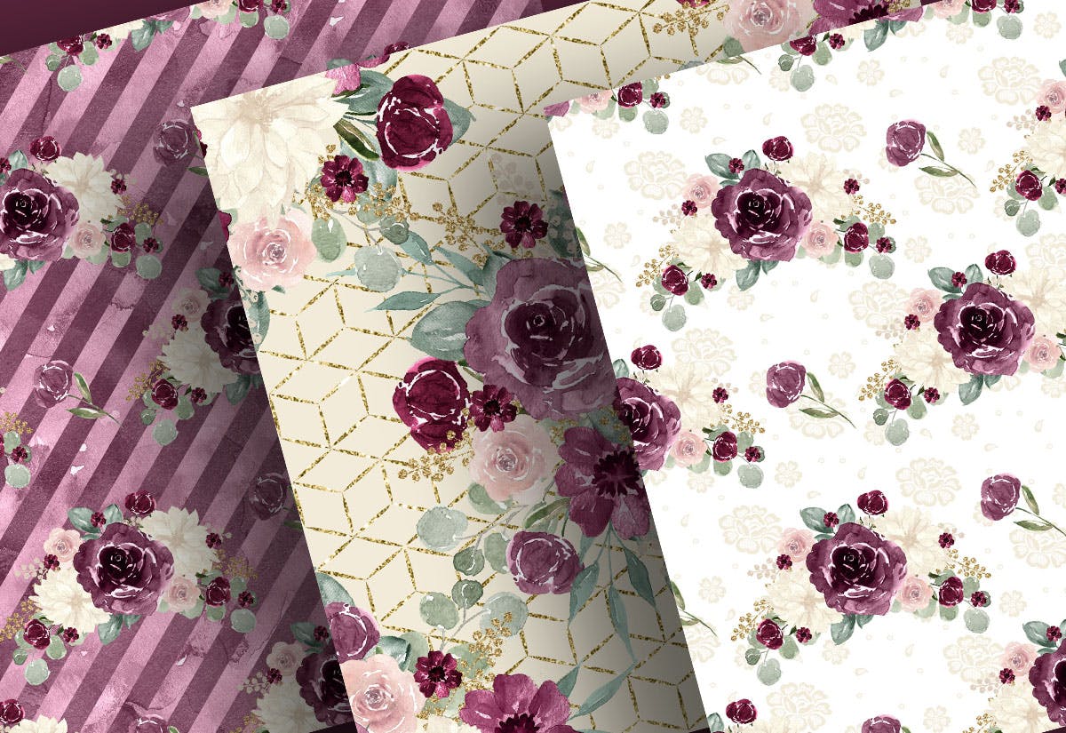 紫红色&金色水彩手绘花卉图案数码纸张设计素材 Watercolor Plum and Gold digital paper pack插图(2)
