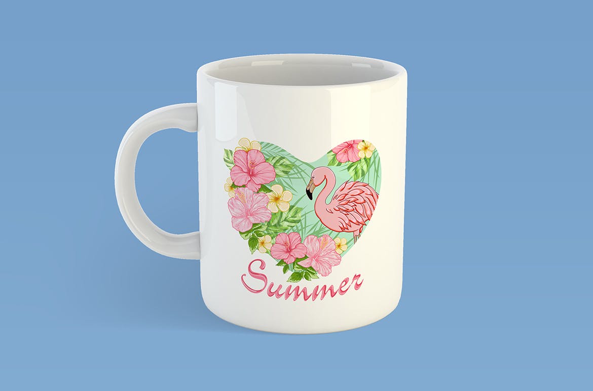 水彩花卉&粉红火烈鸟热带主题插画素材 Tropical Flowers and Pink Flamingo插图(2)