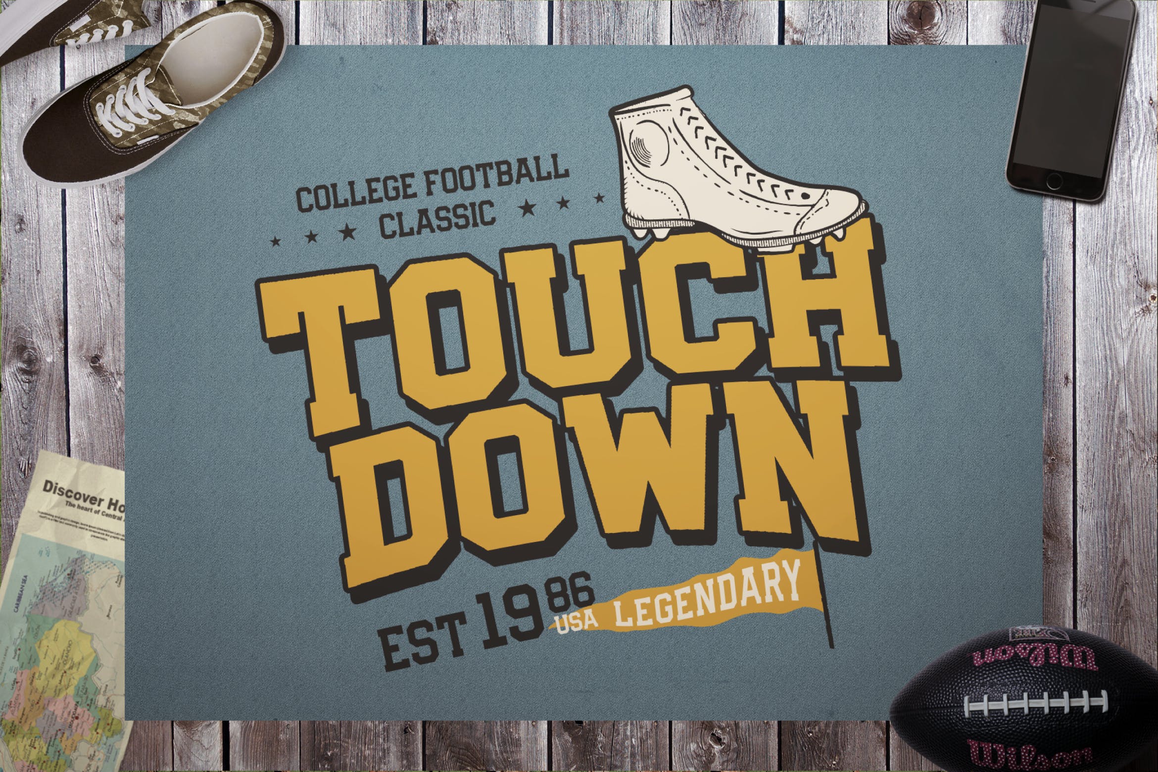 美式足球T恤/复古运动Logo设计素材库精选模板 American Football T-Shirt / Retro Sports Logo插图