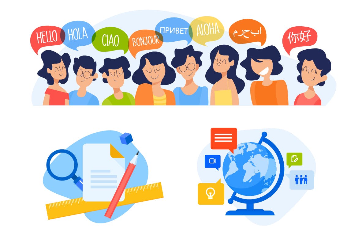 校园多语问候校园场景矢量插画素材 Education illustrations插图