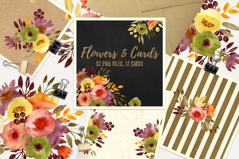 花卉&卡片水彩剪贴画 Flowers and cards插图
