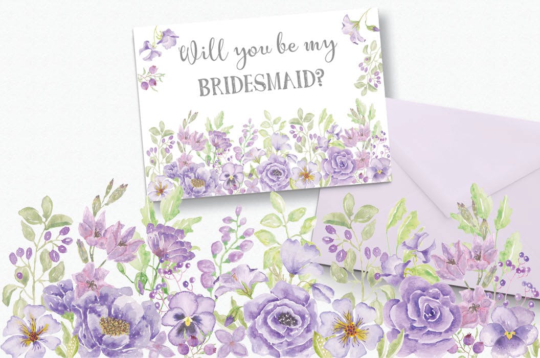 紫色水彩花卉边框&元素剪贴画PNG素材 Purple Watercolor Floral Border Plus Elements插图(2)