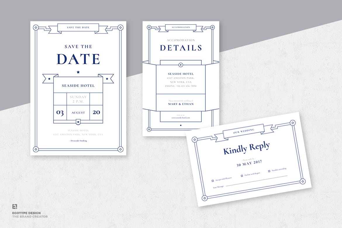 蓝色简约线条艺术风格婚礼邀请函设计套装 Wedding Invitation Suite插图(2)