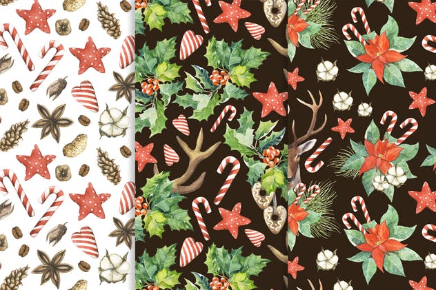 圣诞主题魔法水彩无缝图案背景素材 Watercolor Christmas Magic Patterns插图(7)