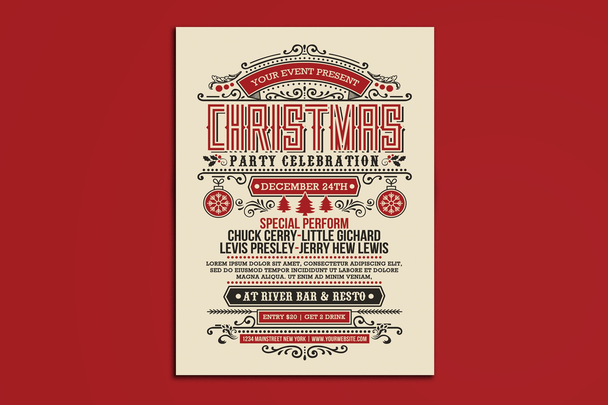 复古装饰艺术风格圣诞节派对海报传单模板 Chirstmas Party Vintage Art Deco Stlye插图