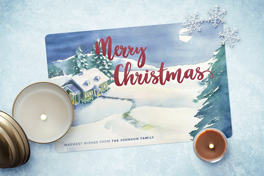 手绘水彩圣诞卡片模板4 Watercolor Christmas Card Template 4插图
