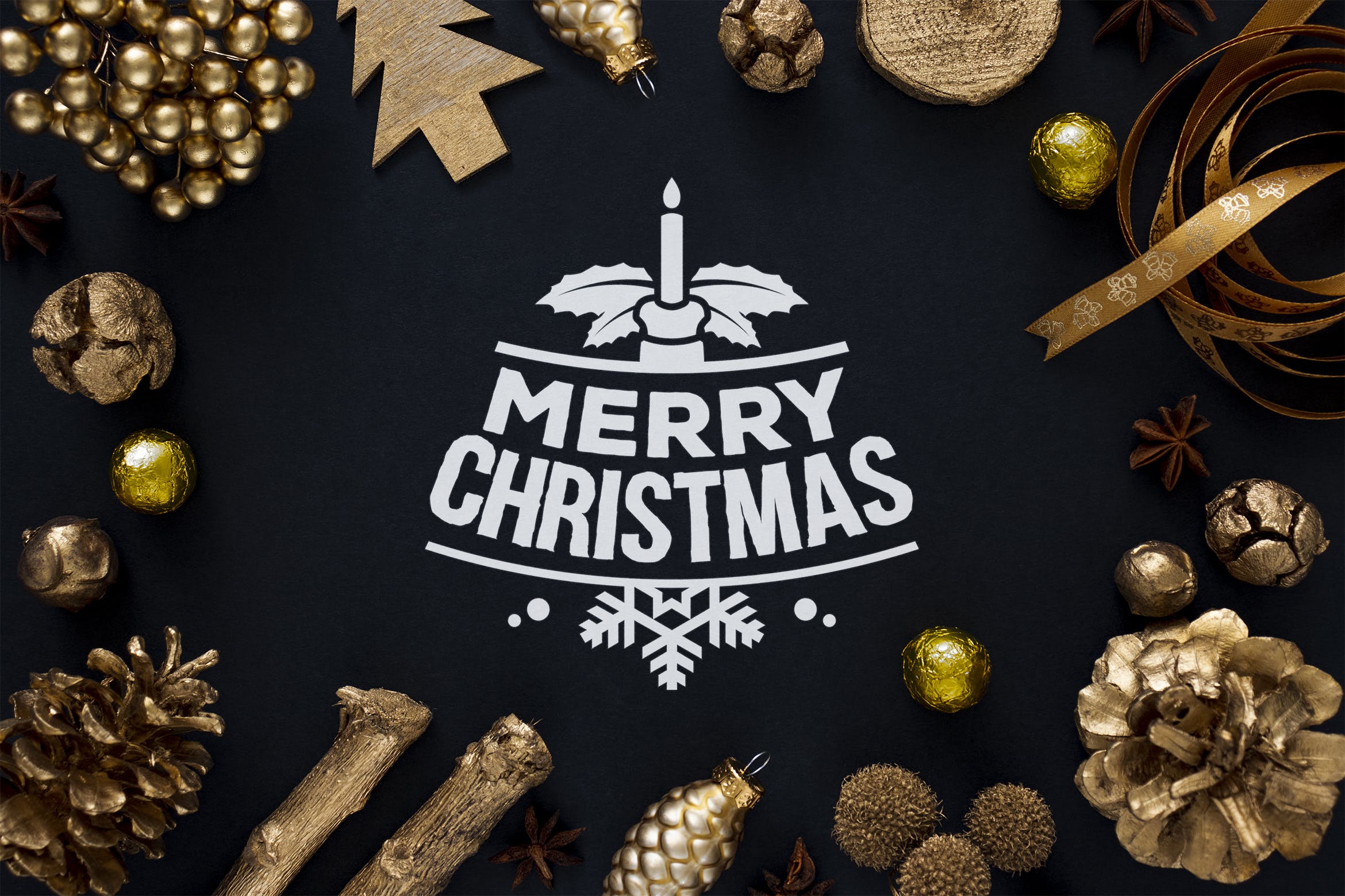 金色圣诞节主题背景场景样机模板 Golden Christmas mockup插图