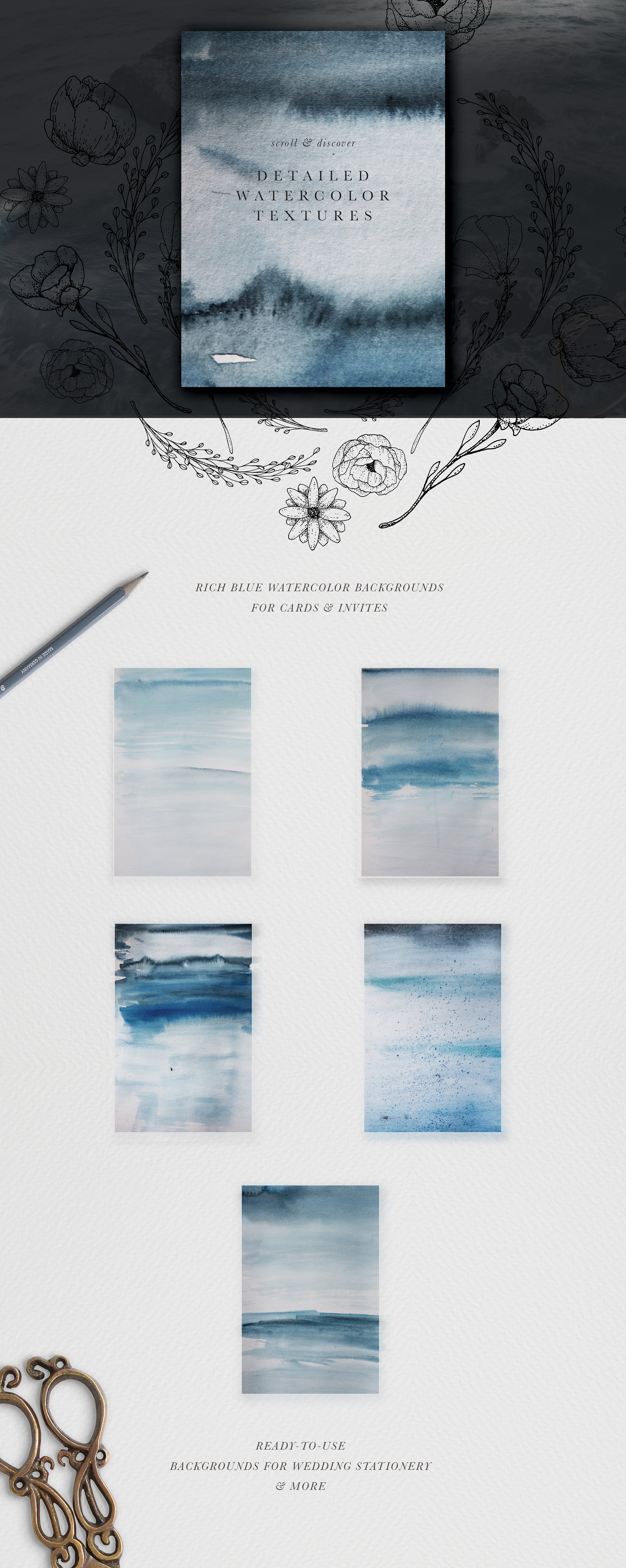 典雅风格湛蓝水彩矢量插画与纹理 Azure Blue Illustrations & Textures插图(7)