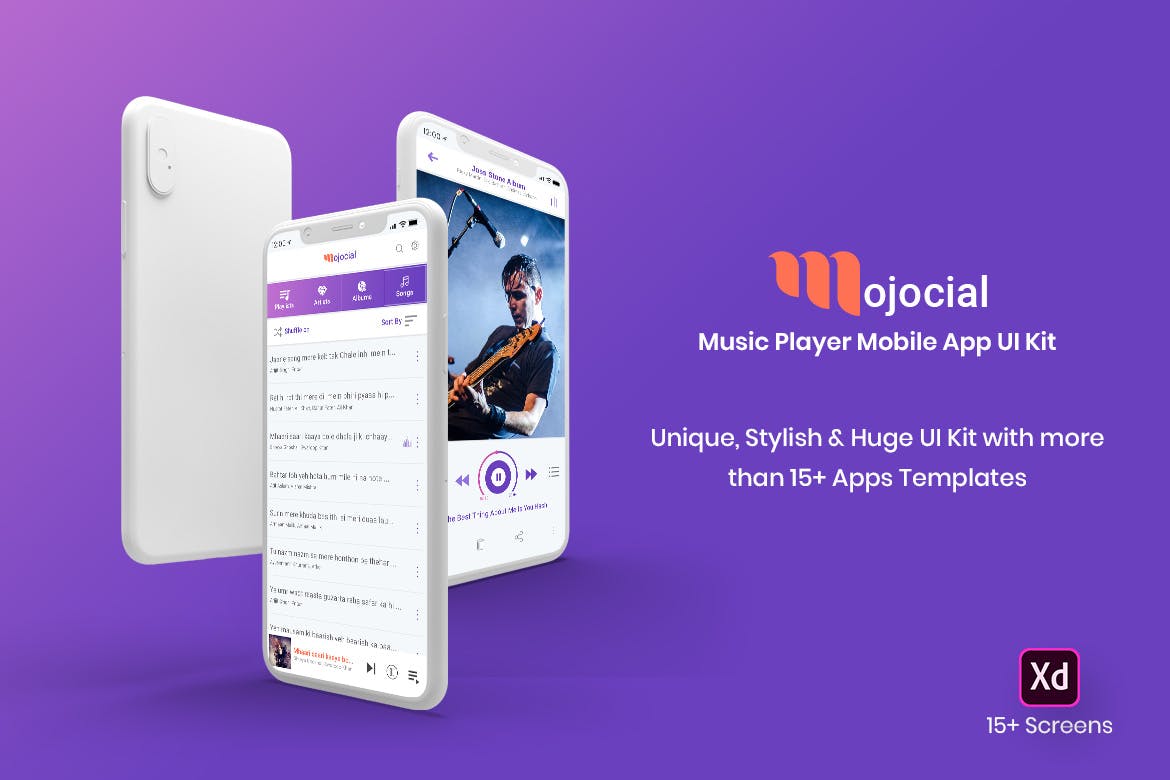 在线听歌APP应用UI界面设计XD模板 Mojocial-Music Player Mobile App UI Kit-(Adobe XD)插图(1)