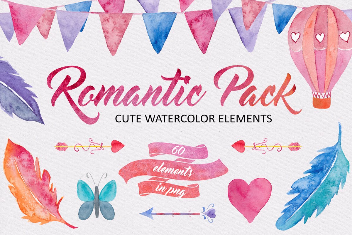 浪漫水彩元素插画合集 Watercolor Romantic Pack插图
